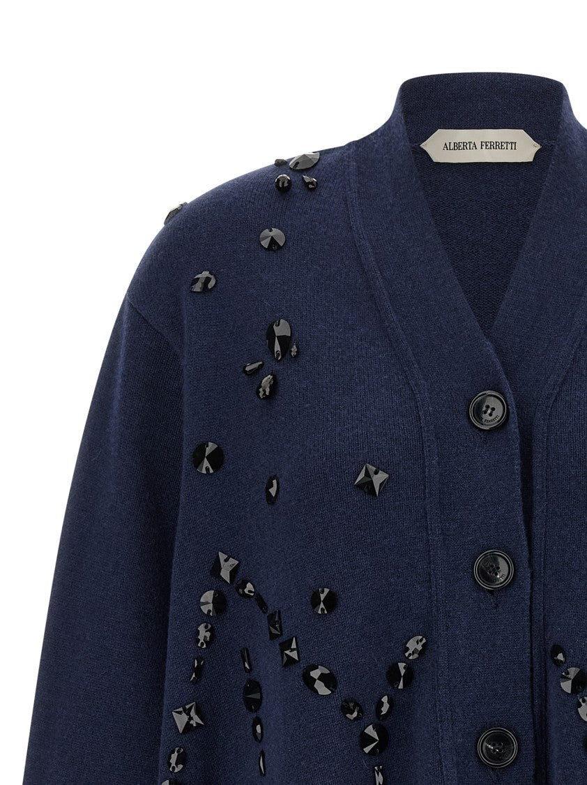 Alberta Ferretti V-Neck Cashmere And Silk Blend Cardigan With Crystal Embroidery