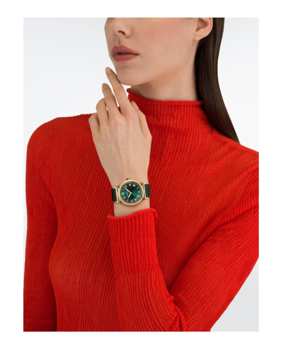 Ferragamo Allure Leather Watch With Green Sunray Dial