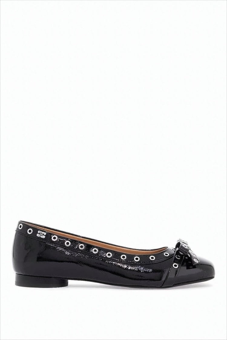 Ganni Glossy Finish Flat Shoes With Eyelet Detailing And Bow Accent