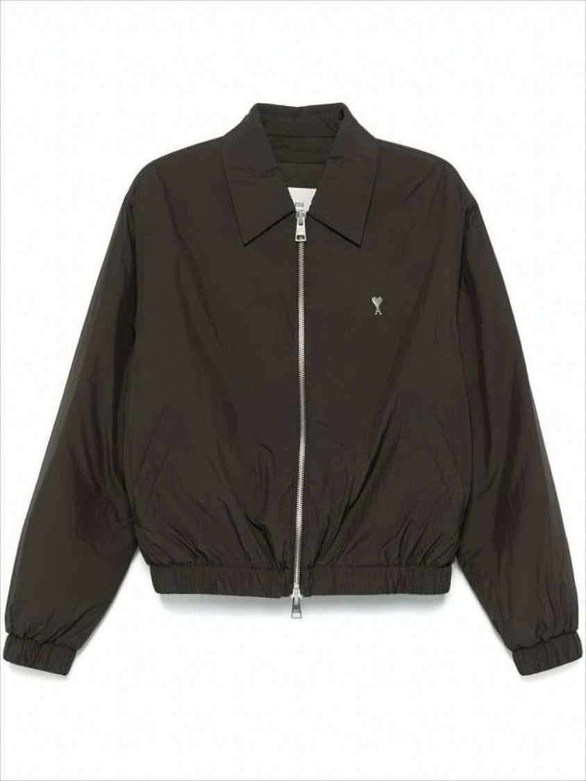 Ami Cropped Black Bomber Jacket With Classic Collar And Logo Detail