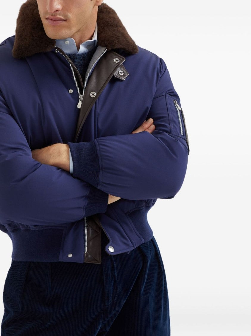 Brunello Cucinelli Padded Deep Blue Jacket With Plush Fur Collar