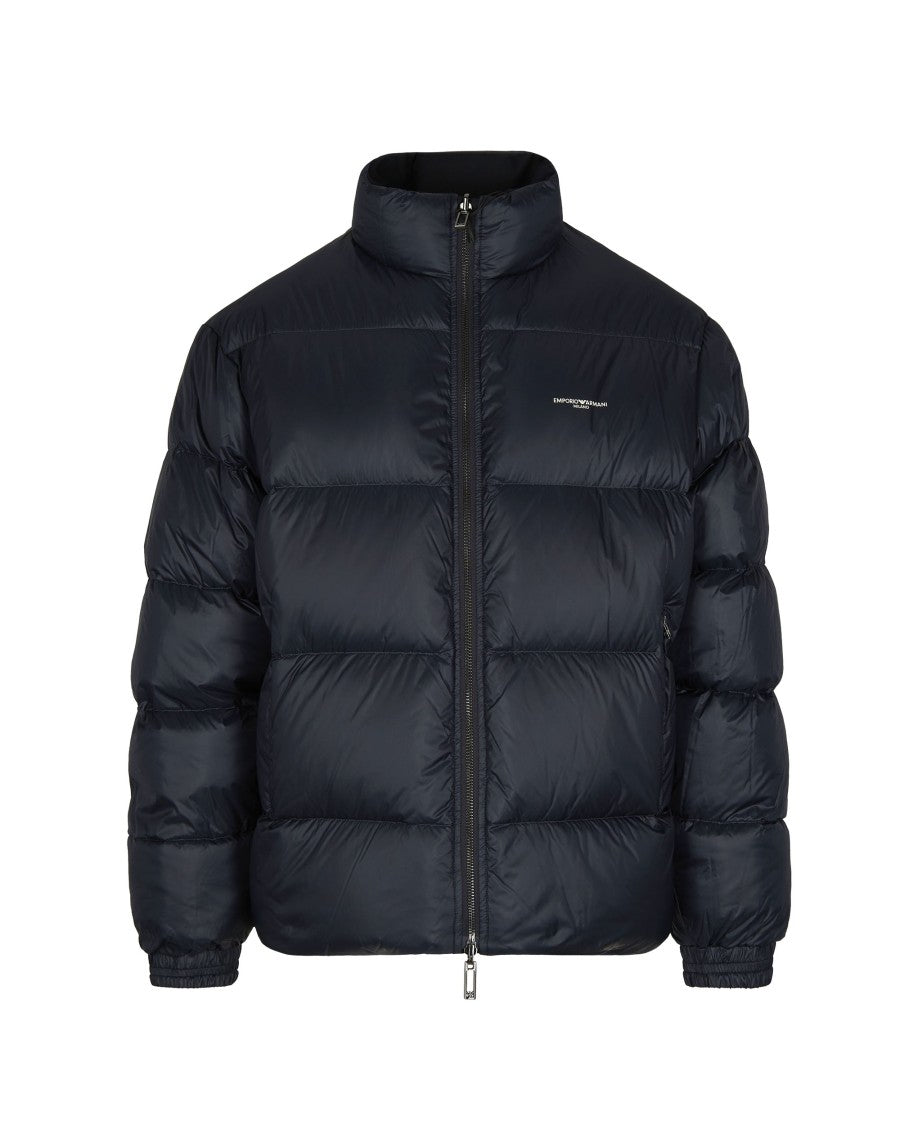 Emporio Armani Reversible Navy Wool-Blend Jacket With High Collar And Logo Patch