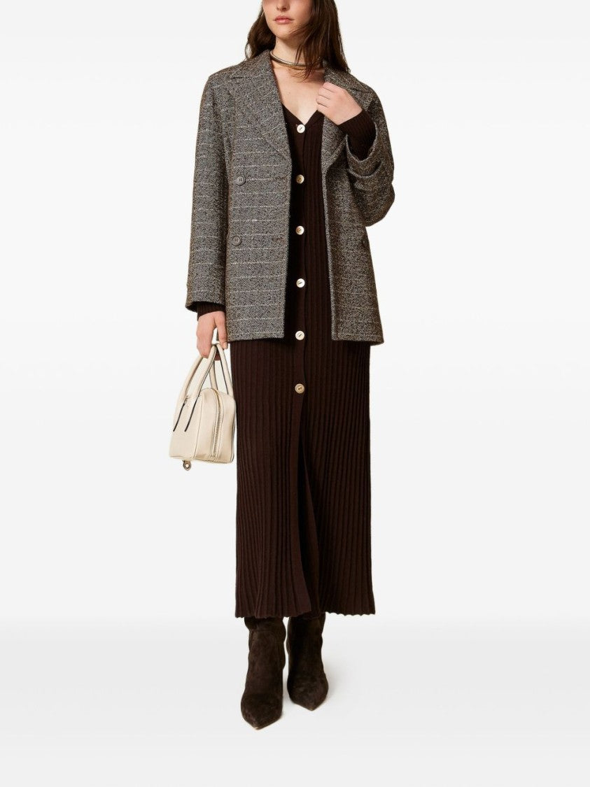 Twin-Set Double-Breasted Checkered Coat With Notched Lapel