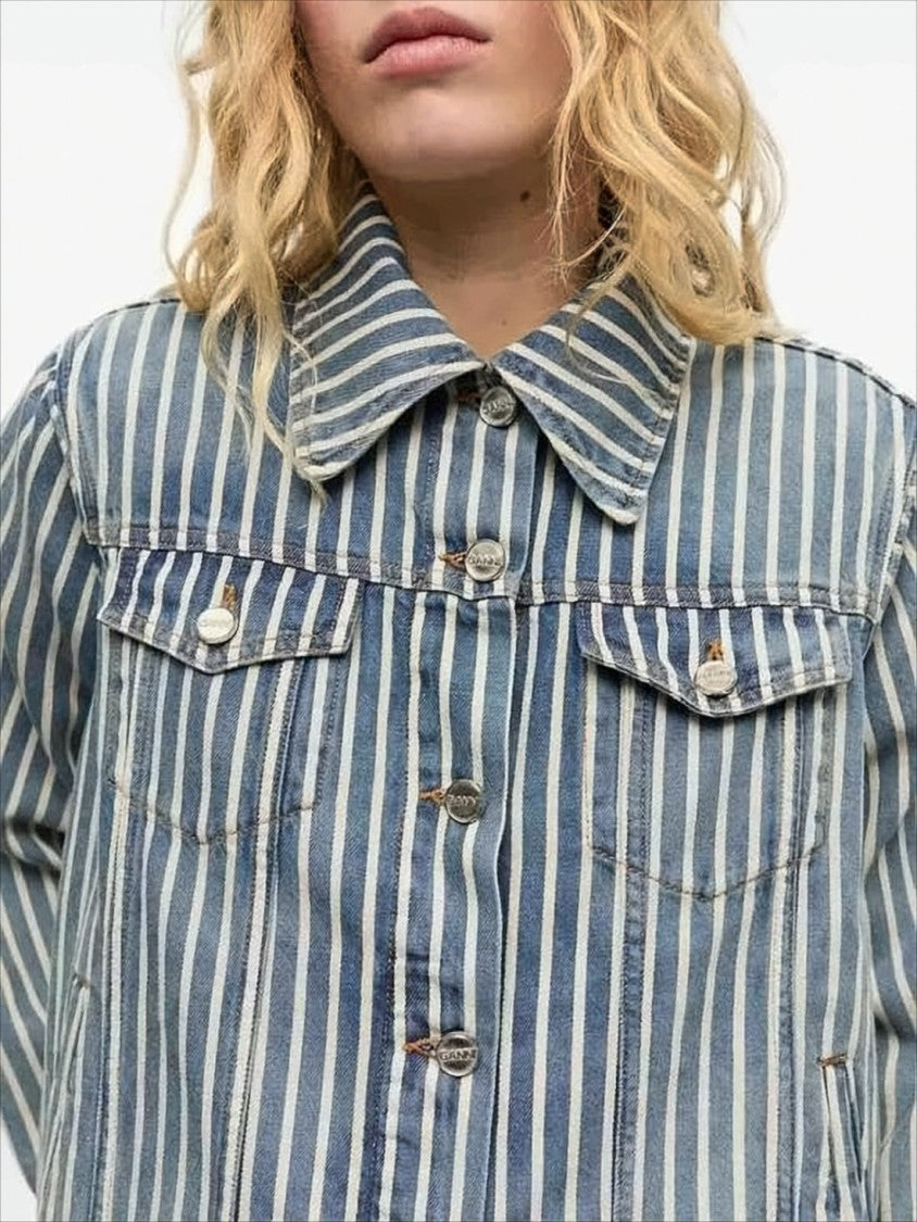 Ganni Cropped Denim Jacket With Vertical Stripes