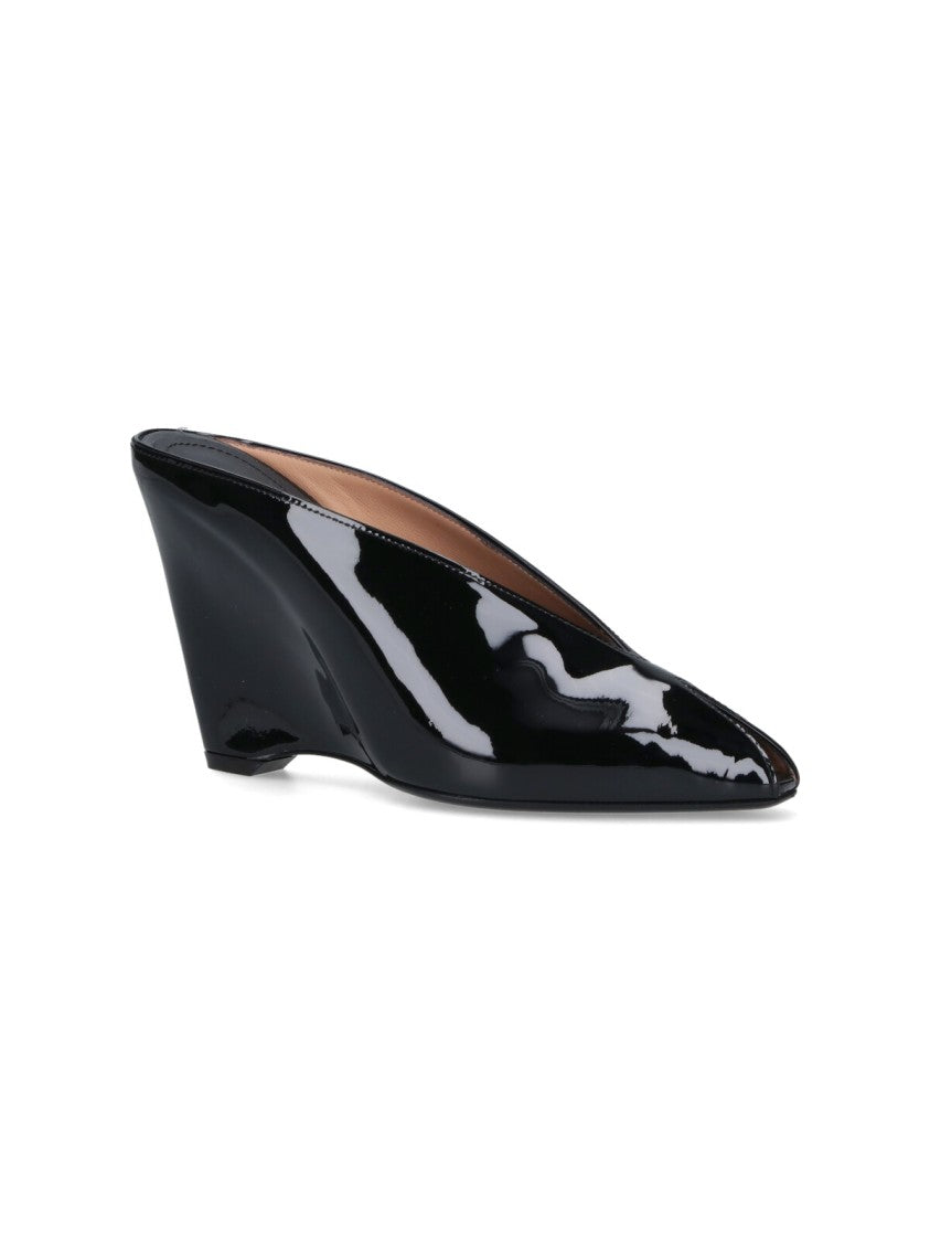 Ferragamo Wedge Mules, In Black Shiny Bull Leather