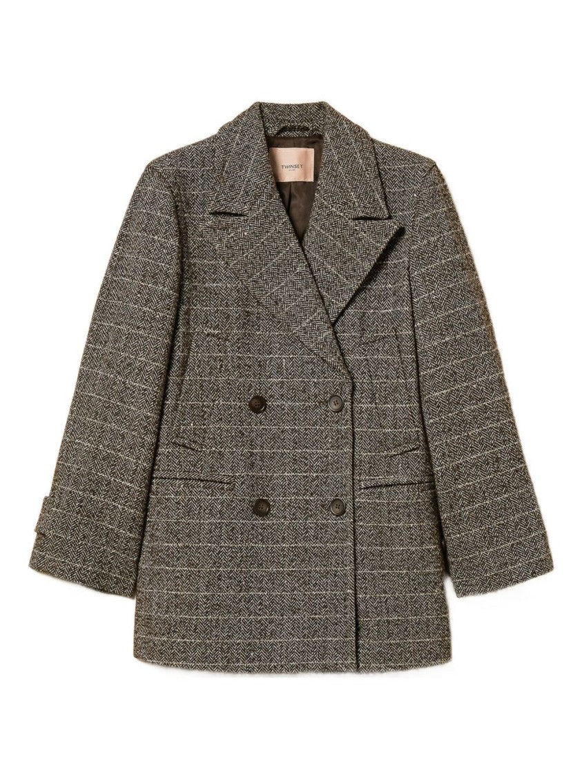 Twin-Set Double-Breasted Checkered Coat With Notched Lapel