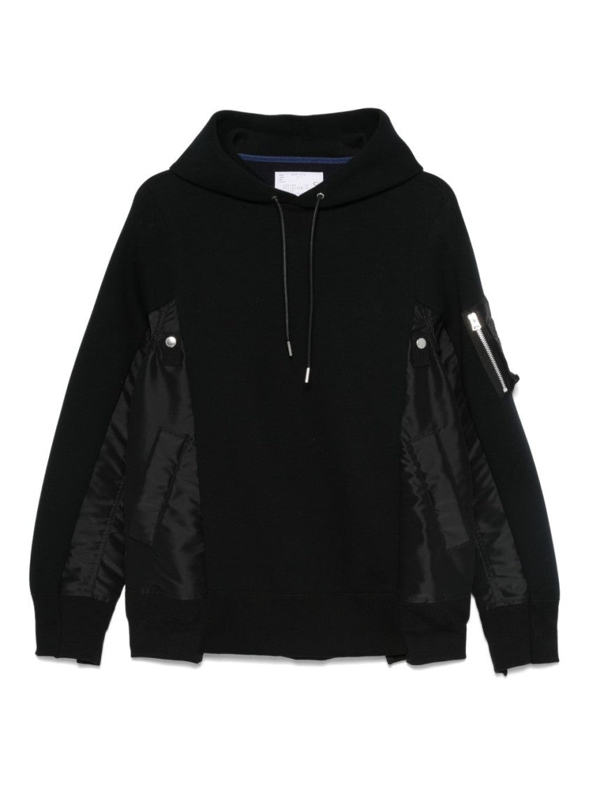 Sacai Black Hoodie With Shiny Fabric Panels And Zippered Pocket
