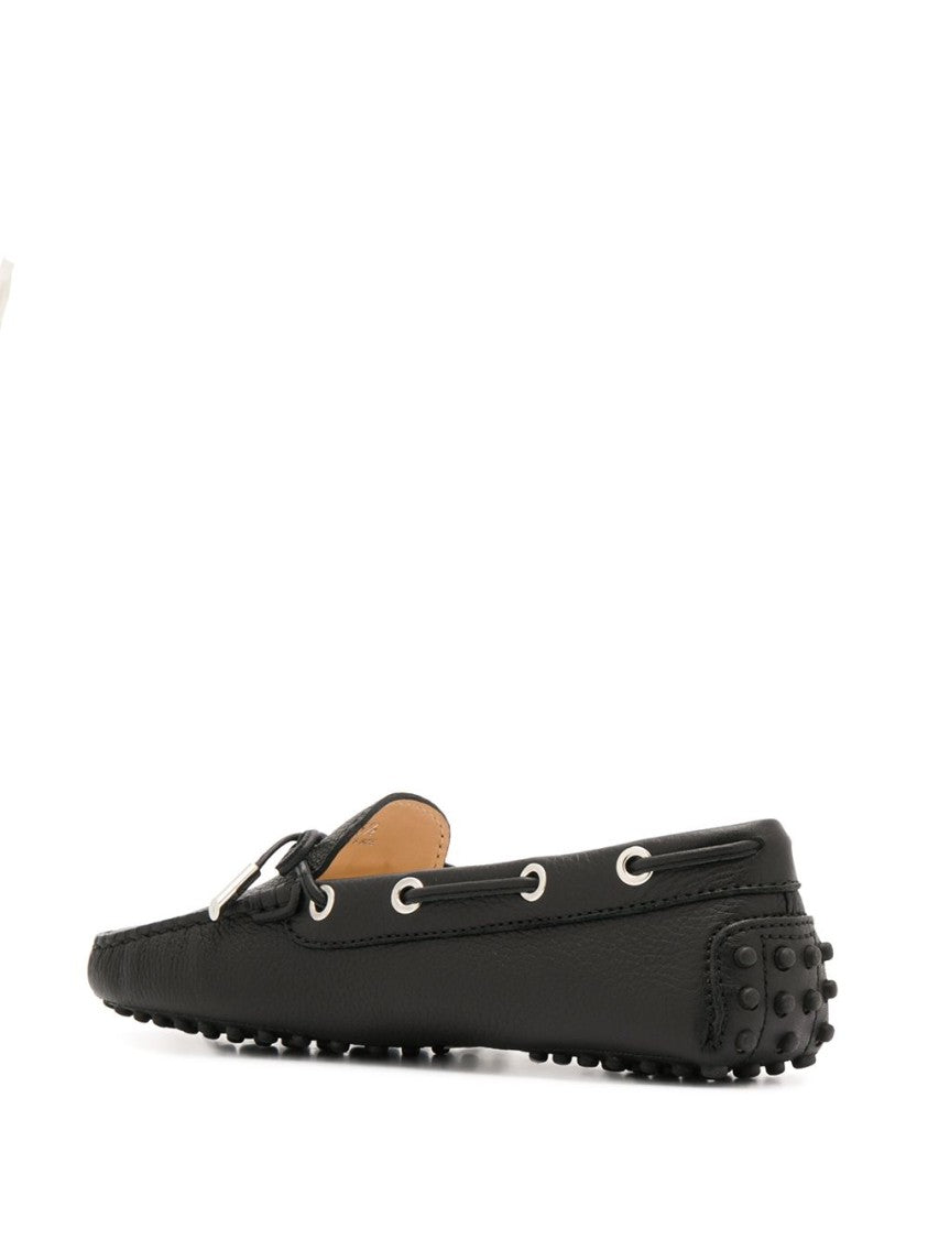 Tod's Black Leather Slip-On Flats With Pussy-Bow Detail