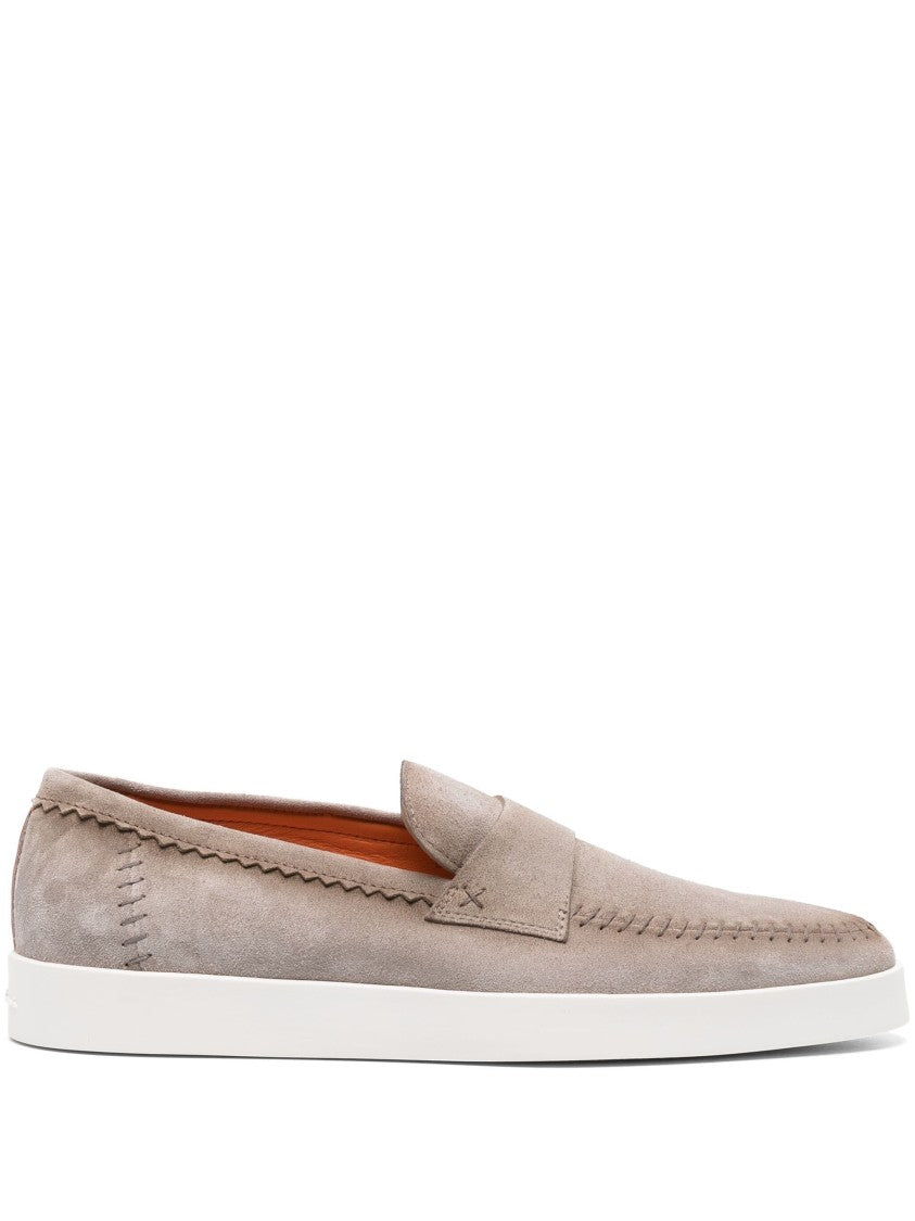 Santoni Brown Leather Loafers With Decorative Stitching