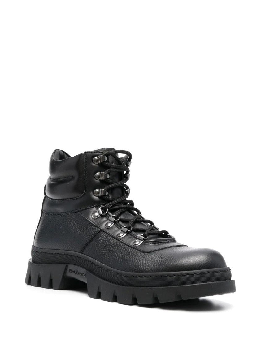 Baldinini Textured Leather Ankle Boots With Rugged Design And Padded Collar