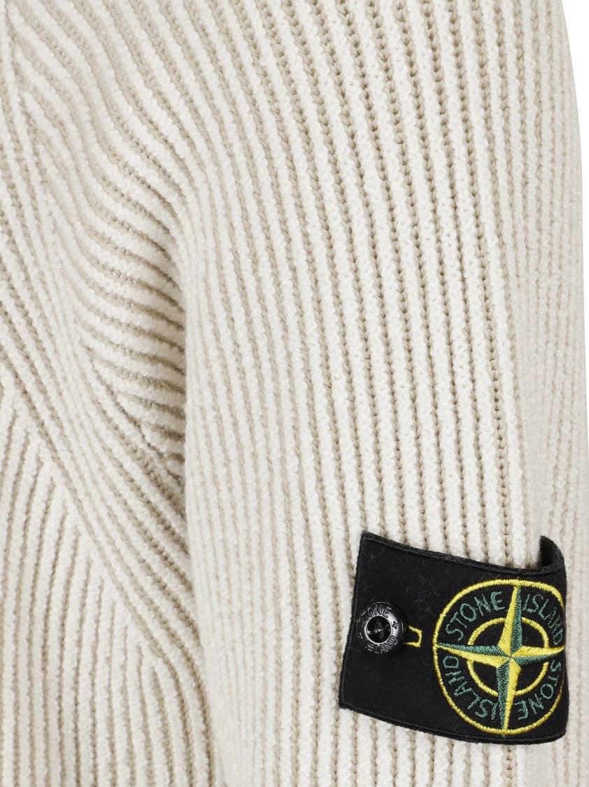 Stone Island Textured Ribbed Knit Sweater With High Neckline And Logo Patch