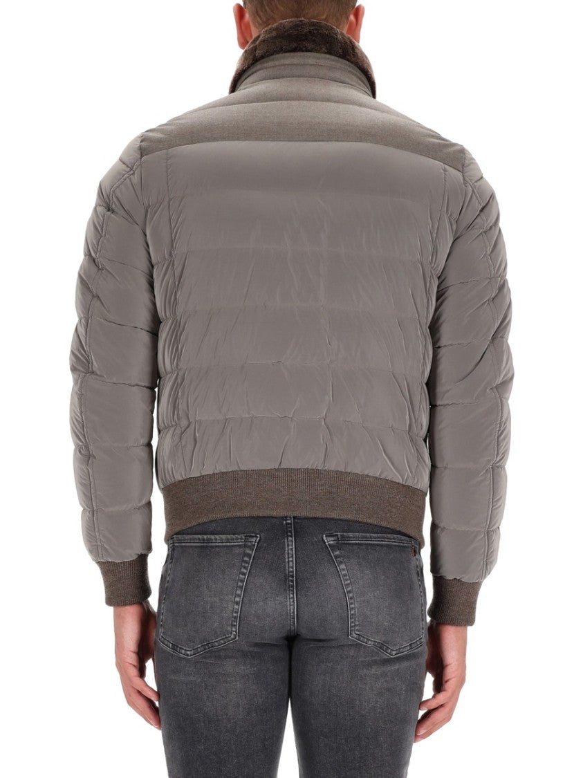 Moorer Padded Grey Jacket With High Faux Fur Collar And Quilted Design