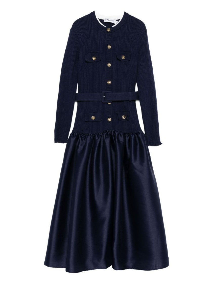 Self-Portrait Navy Knit Taffeta Midi Dress
