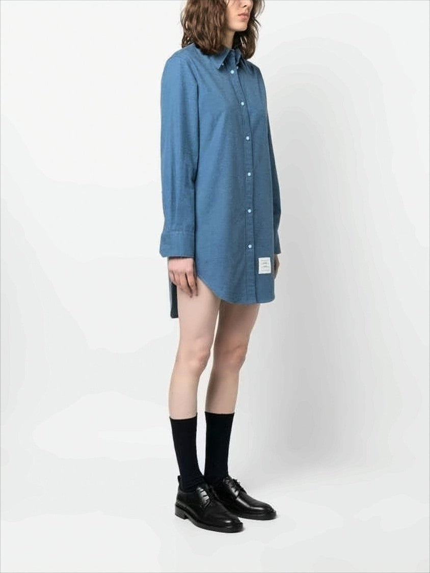 Thom Browne Button-Up Shirt In Textured Blue Cotton