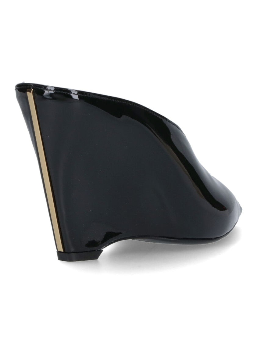 Ferragamo Wedge Mules, In Black Shiny Bull Leather