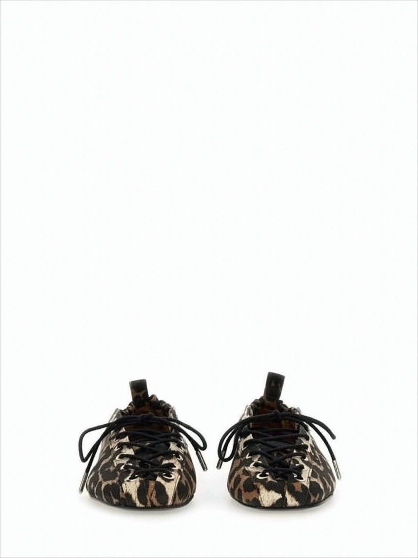 Ganni Leopard Print Lace-Up Flat Shoes With Gathered Back