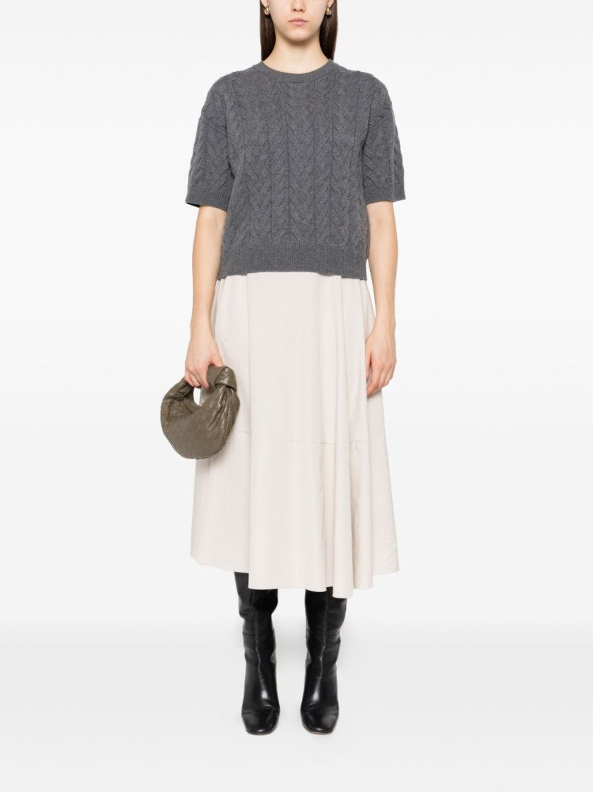 Max Mara Cropped Grey Cable Knit Sweater With Round Neckline