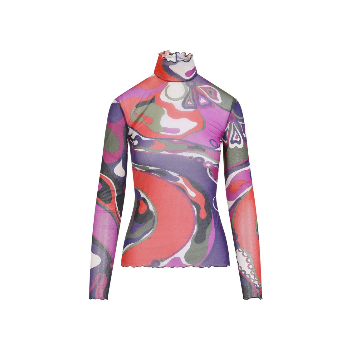 Pucci Multicolor Mesh Tulle T-Shirt With Standing Collar And Frilled Edges