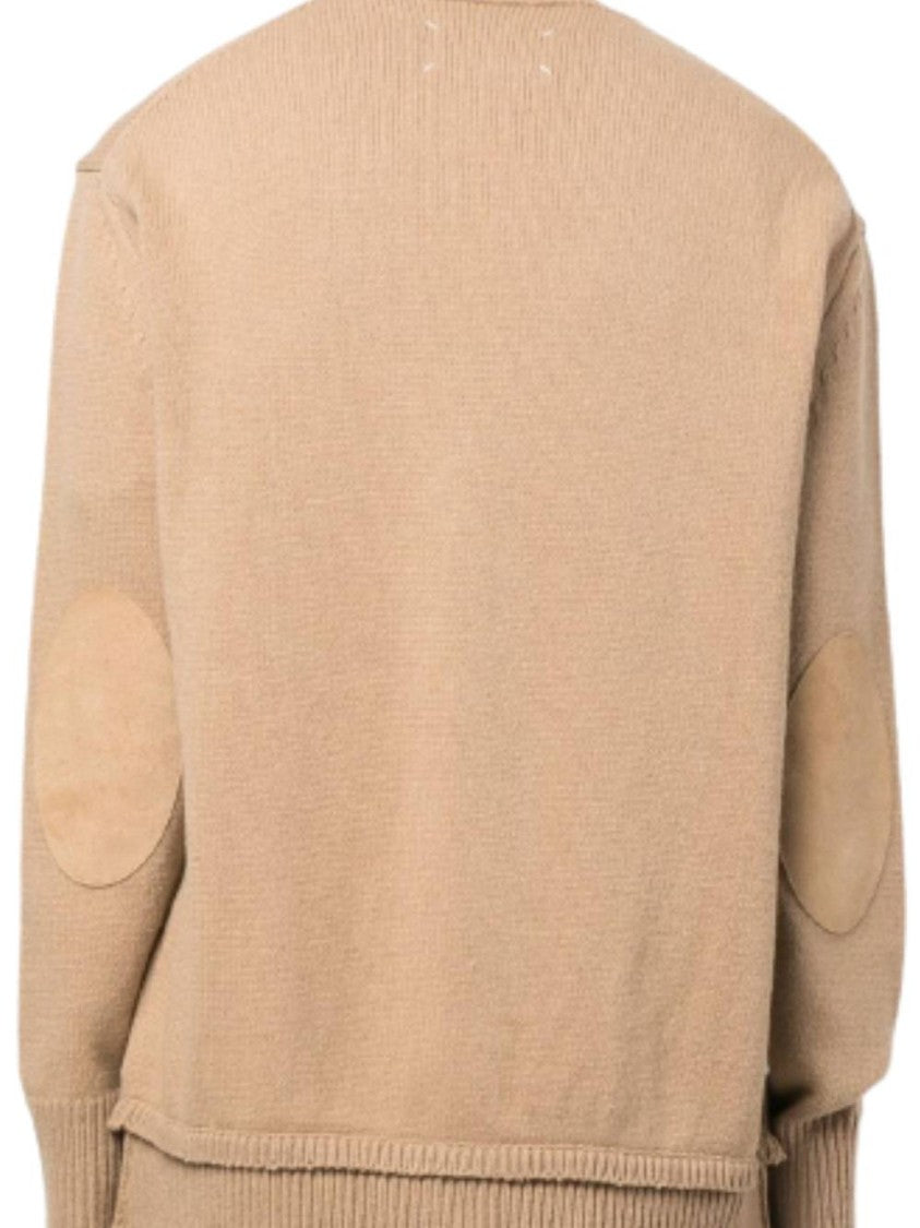 Maison Margiela Beige Knit Cardigan With V-Neckline And Elbow Patches
