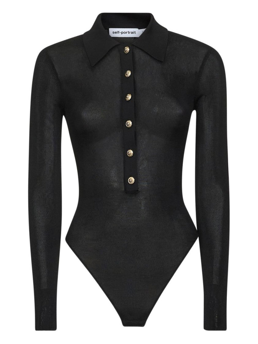 Self-Portrait Fitted Black Bodysuit With Polo Collar