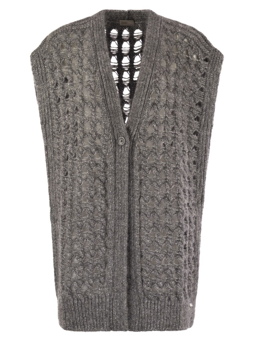Herno Long Openwork Cardigan With V-Neck And Ribbed Edges