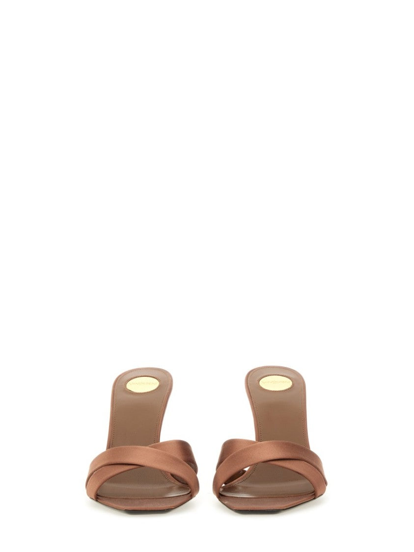Saint Laurent Brown Satin Finish Mule With Crossed Straps