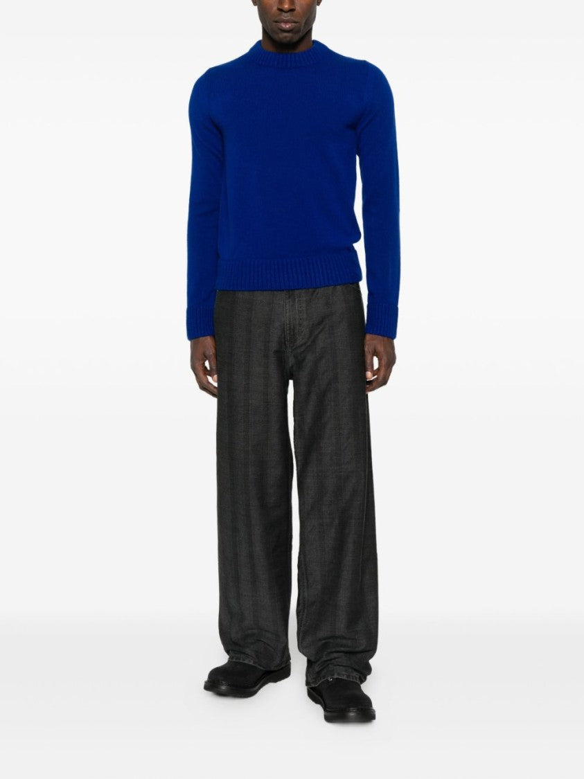 Sacai Solid Blue Sweater With Classic Crew Neckline And Ribbed Detailing