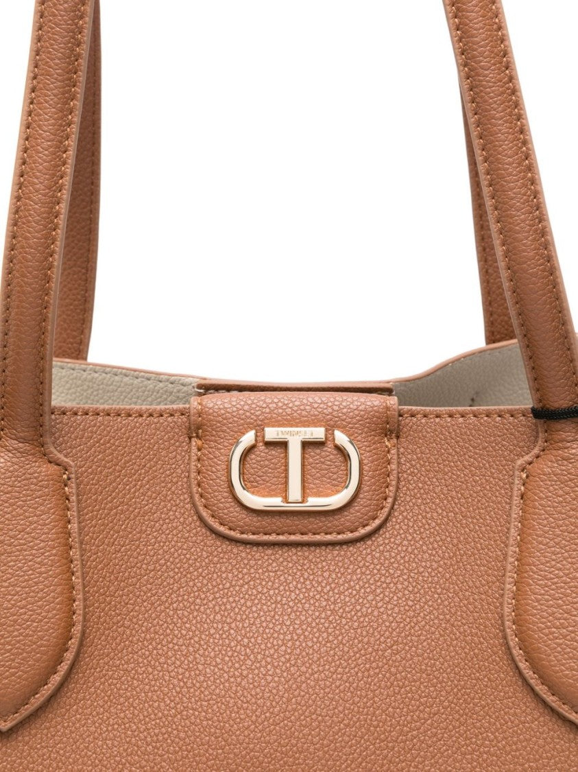 Twin-Set Structured Tote Bag With Smooth Pebbled Texture And Metallic Detail