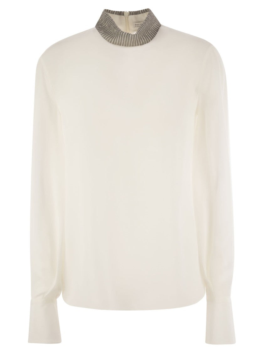 Brunello Cucinelli Silk Crepe De Chine Blouse With Neck Jewel