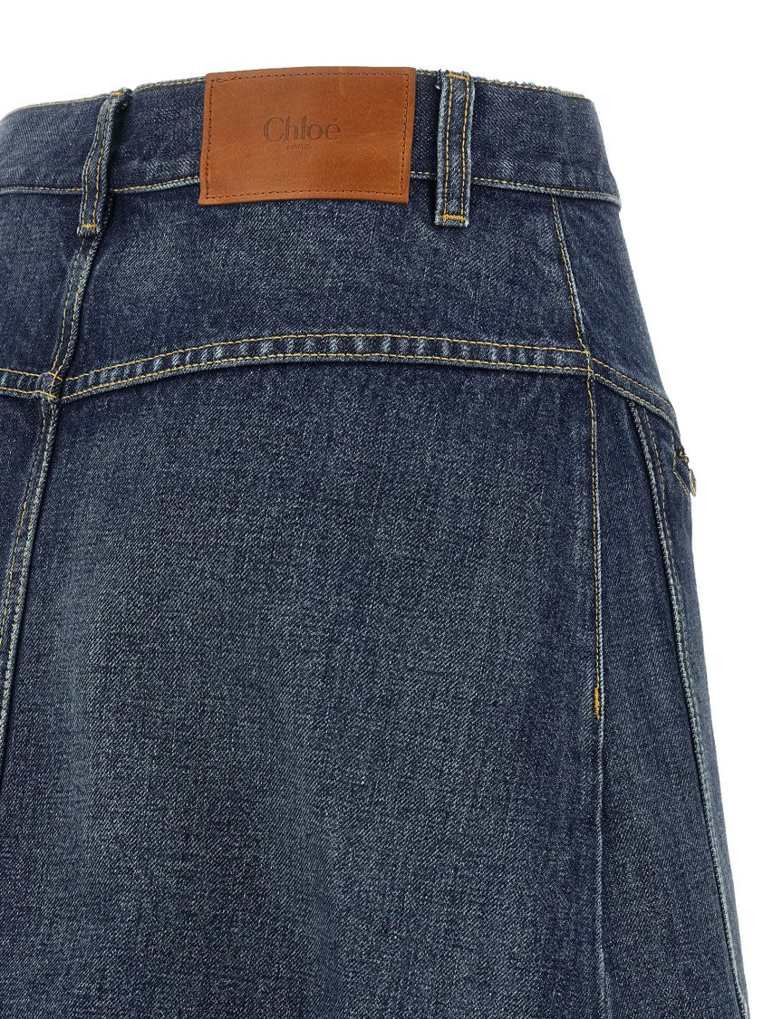 Chloé Delavé Cotton Denim Midi Skirt