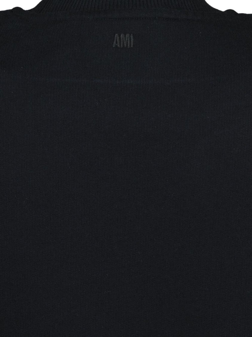 Ami Classic Black Sweater With Round Neckline And Emblem Detail