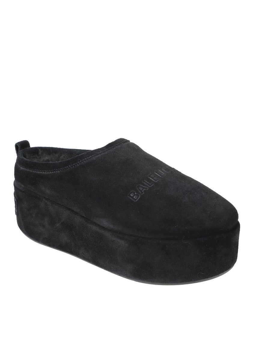 Balenciaga Suede Mules With Rounded Toe And Elevated Platform Sole