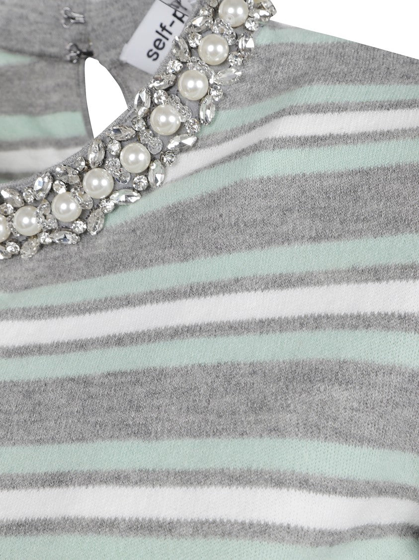 Self-Portrait Embellished Knitted Top With Striped Design
