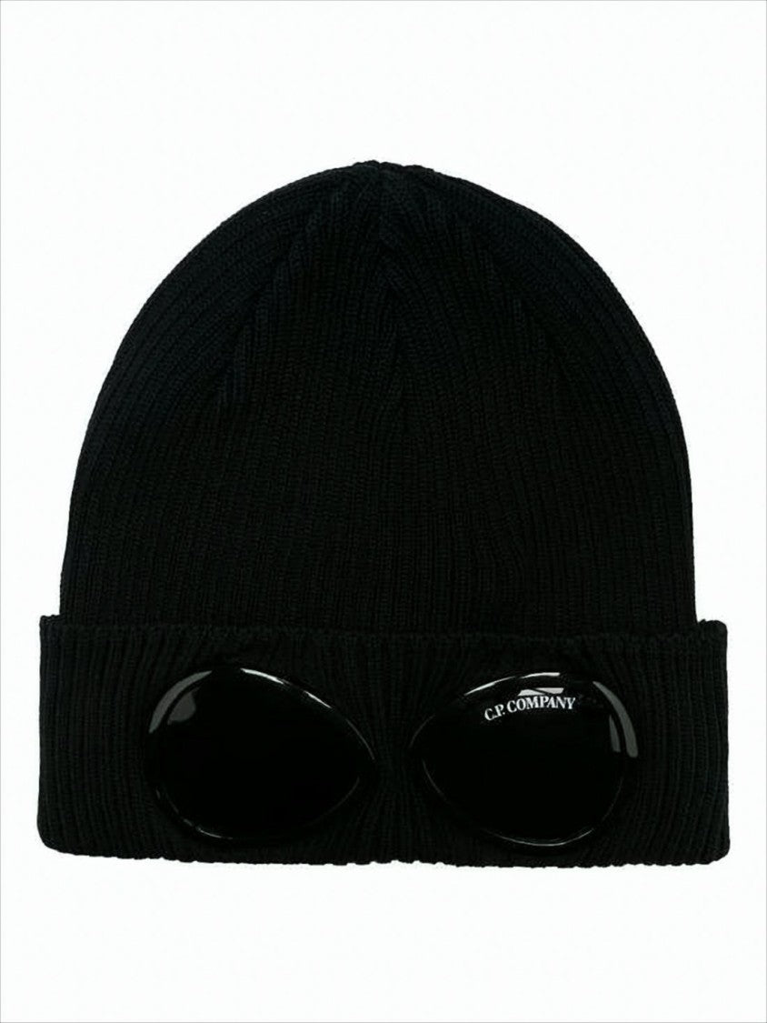 C.P. Company Black Ribbed Knit Beanie With Integrated Oval Goggles