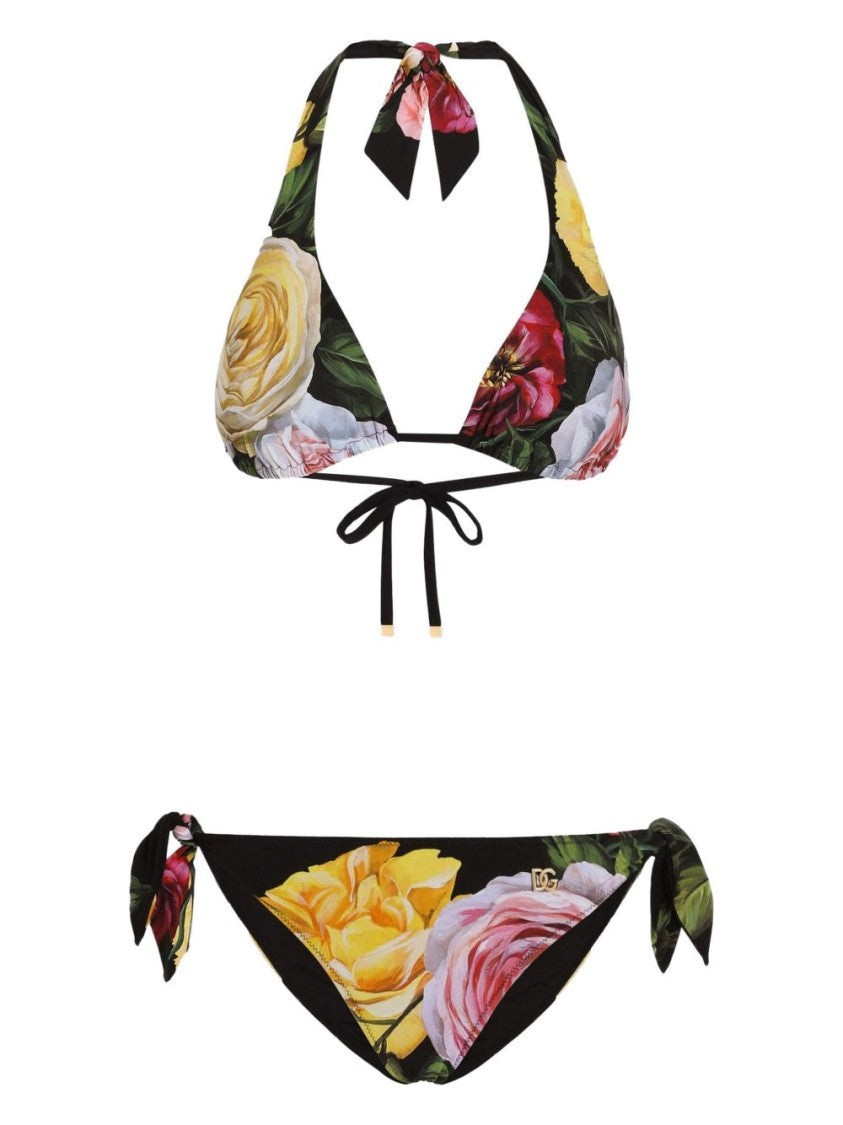 Dolce & Gabbana Black Floral Bikini Set With Halterneck Design