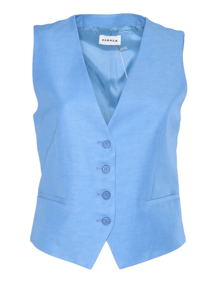 P.A.R.O.S.H. Tailored Blue Gilet With Deep V-Neckline
