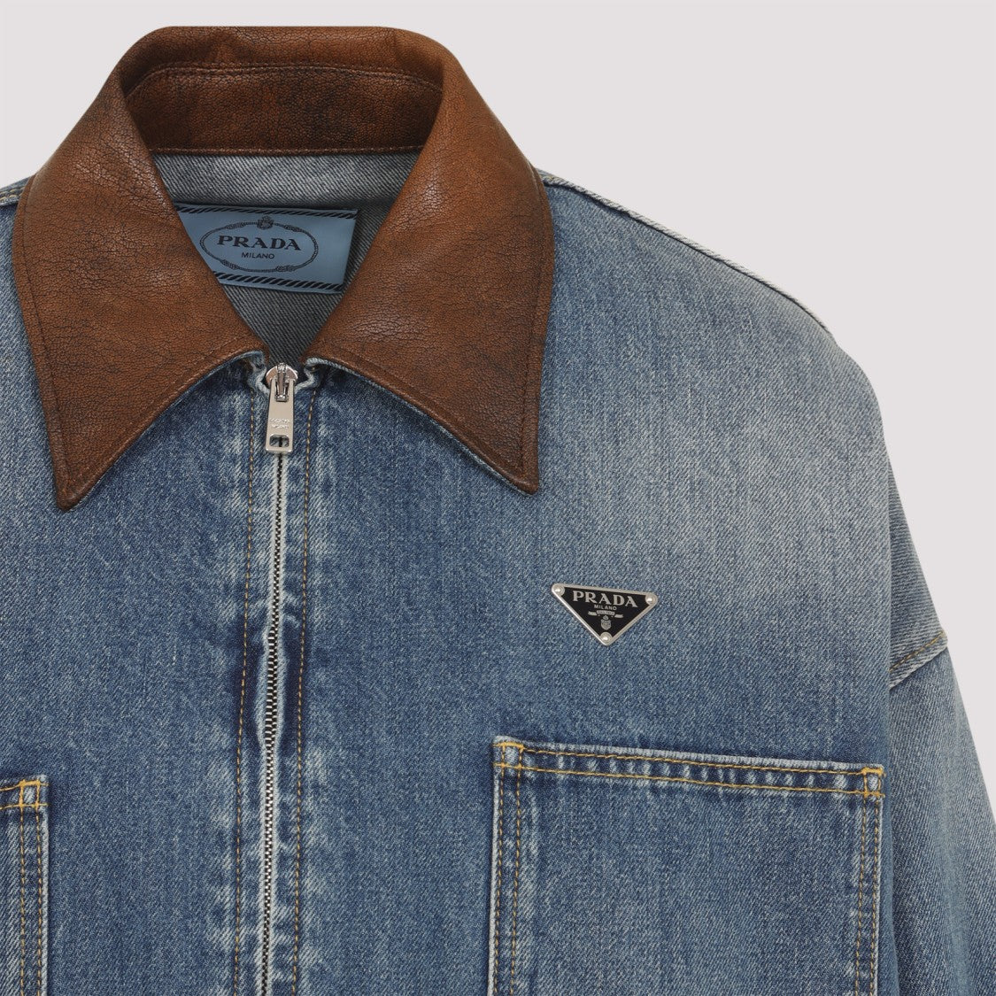 Prada Cropped Denim Jacket With Contrasting Leather Collar