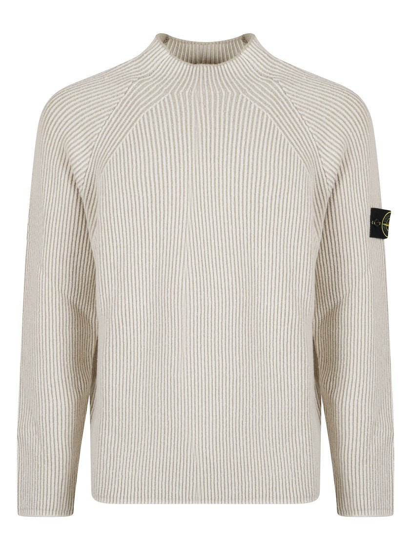 Stone Island Textured Ribbed Knit Sweater With High Neckline And Logo Patch