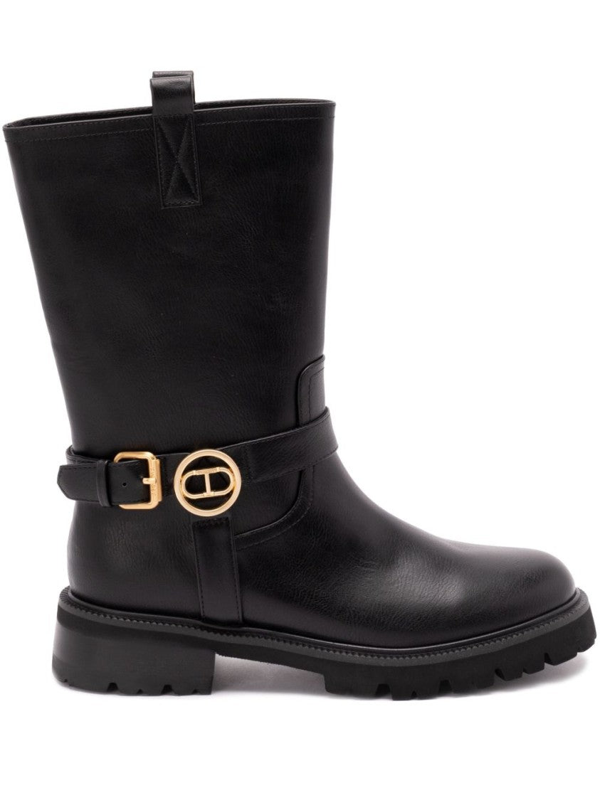 Twin-Set Mid-Calf Black Leather Boots With Buckle Fastening