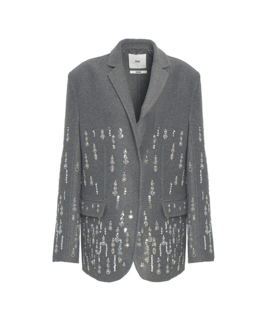 Solotre Sequin-Embellished Gray Blazer With Classic Notch Collar