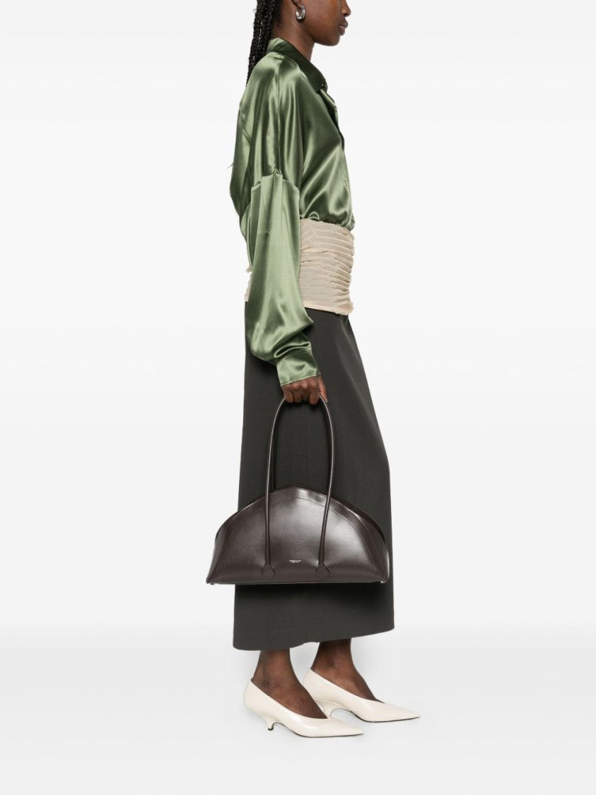 Federico Cina Curved Brown Leather Handbag With Elongated Handles