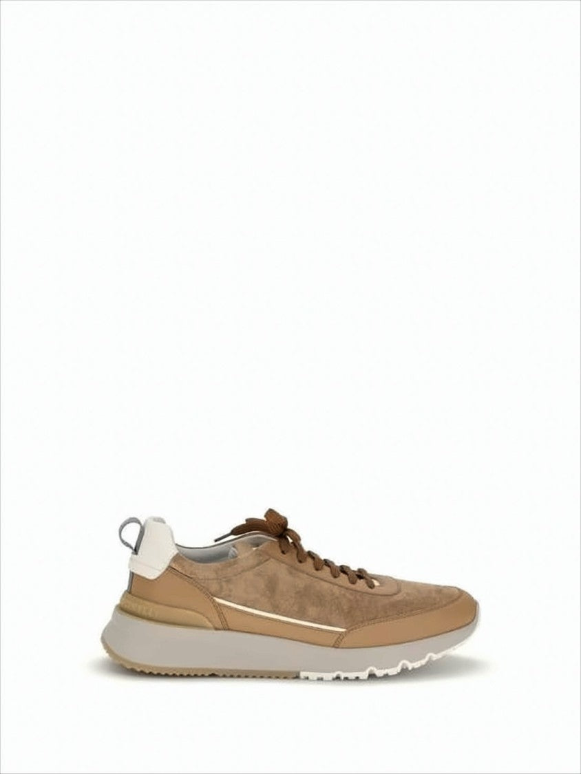 Brunello Cucinelli Warm Brown Calf Leather And Suede Sneakers With Elevated Sole