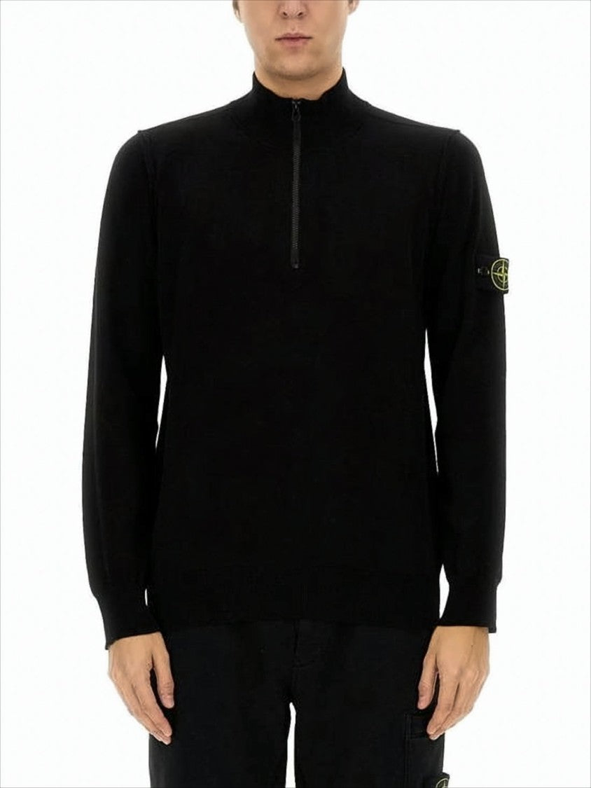 Stone Island Tailored Black Long-Sleeve Top With Quarter Zip And Patch Logo