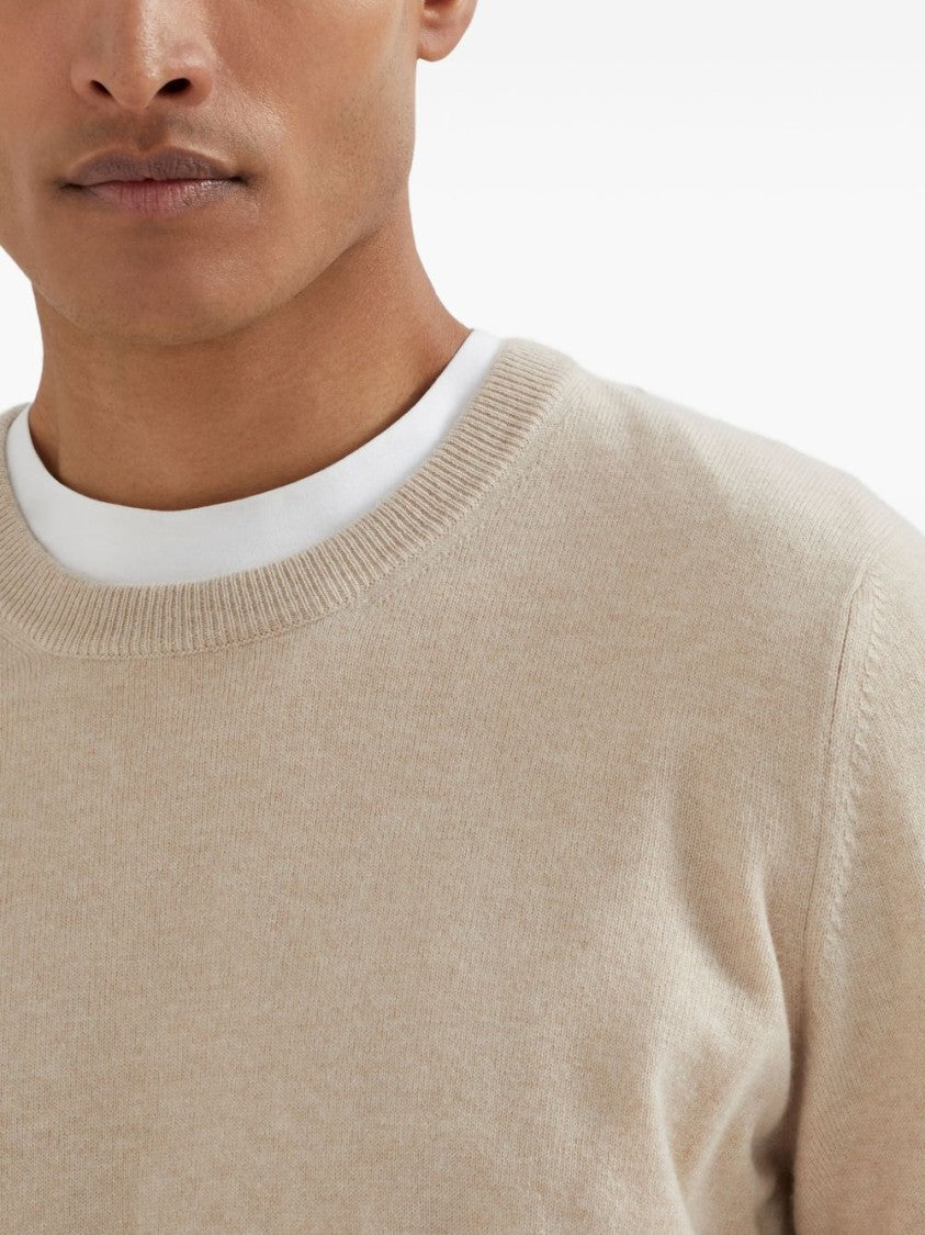 Brunello Cucinelli Beige Cashmere Sweater With Classic Crew Neckline