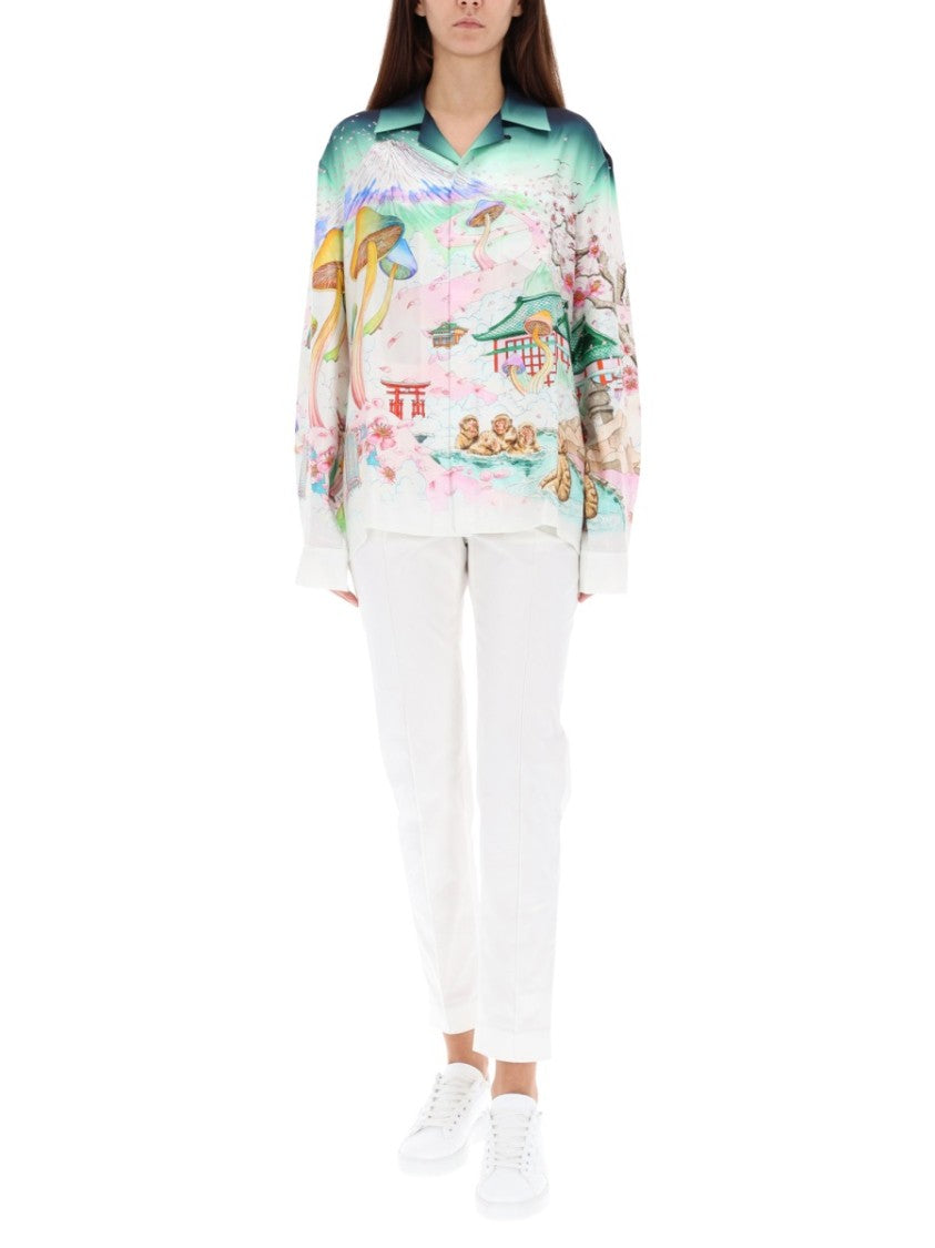 Casablanca Japanese Landscape Print Silk Shirt With Classic Collar And Buttoned Cuffs