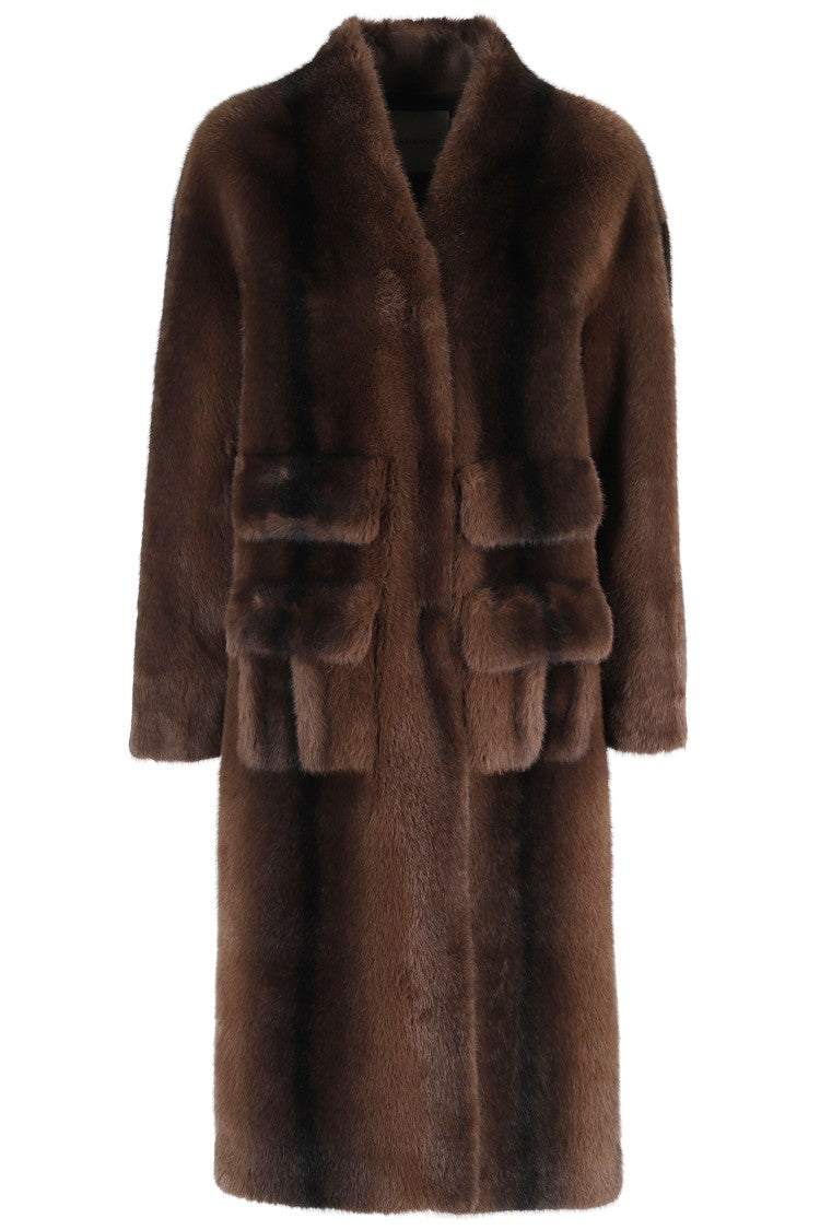 Ermanno Firenze V-Neck Long Faux Fur Coat With Flap Pockets