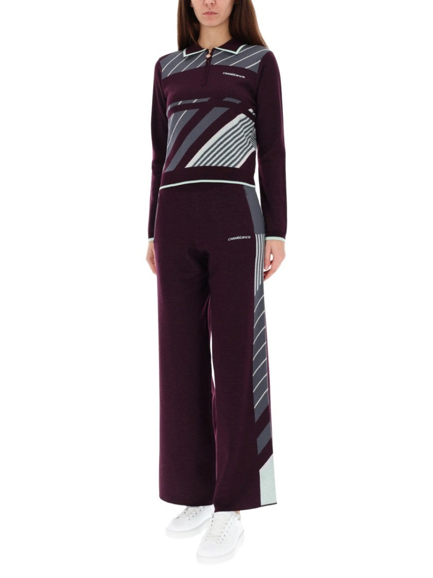 Casablanca Fitted Long-Sleeve Polo With Zip-Up Collar And Diagonal Stripes