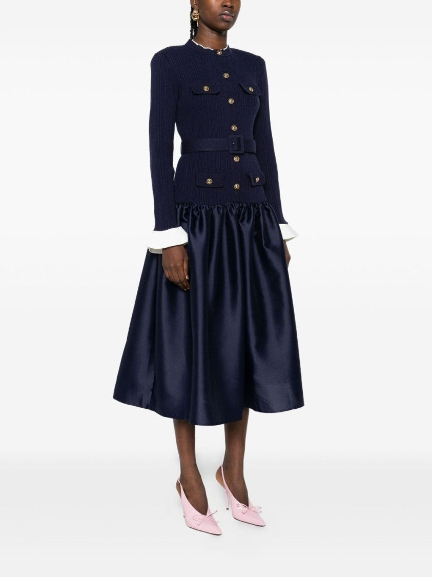 Self-Portrait Navy Knit Taffeta Midi Dress