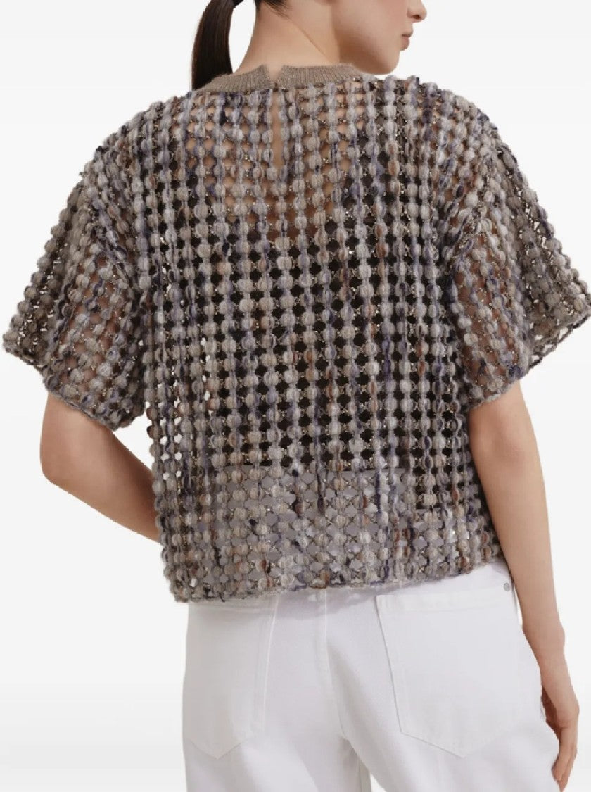 Brunello Cucinelli Open-Weave Short-Sleeved Top In Neutrals