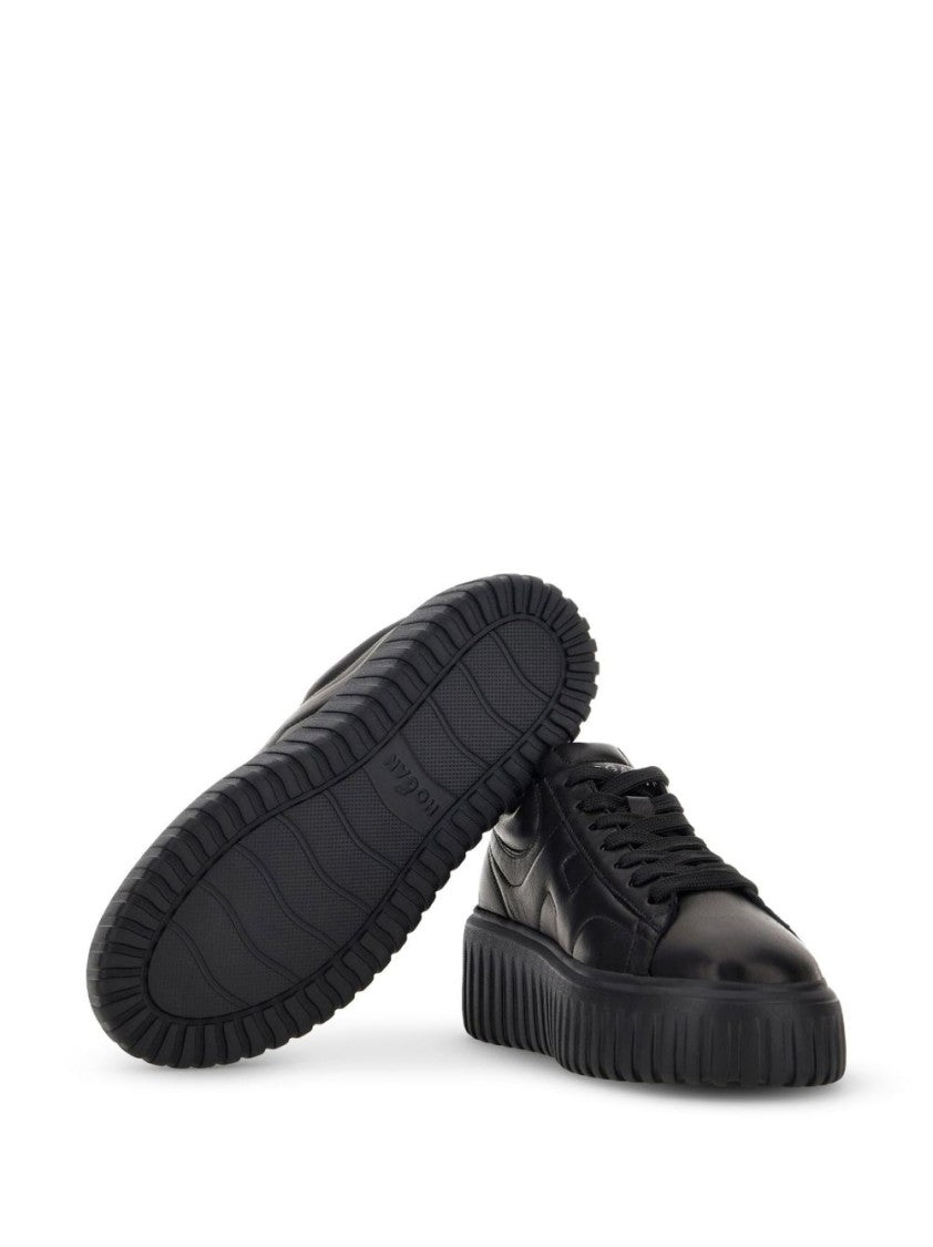 Hogan Minimalist Black Leather Sneakers With Thick Platform Sole